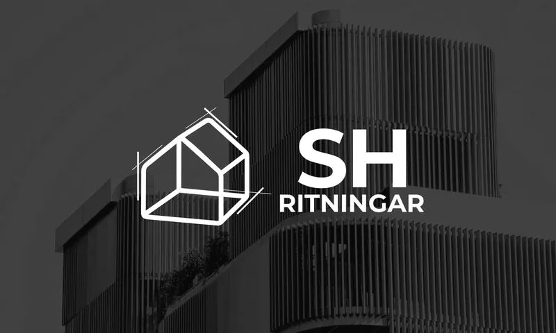 SH Ritningar, logotyp över en byggnad med fasadlameller
